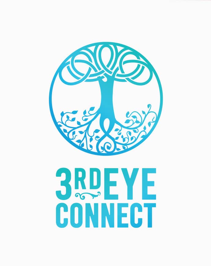 An upside down tree with its root to the sky as the logo of 3rd eye connect in blue and turquoise on white background