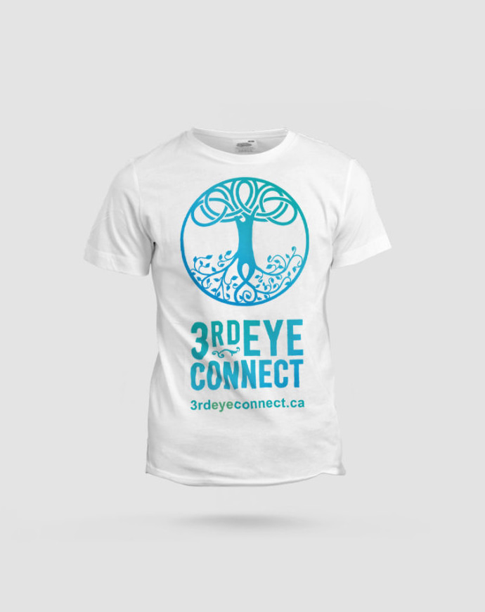 logo of 3rd eye connect, a blue tree and the name and website address printed on a T-shirt